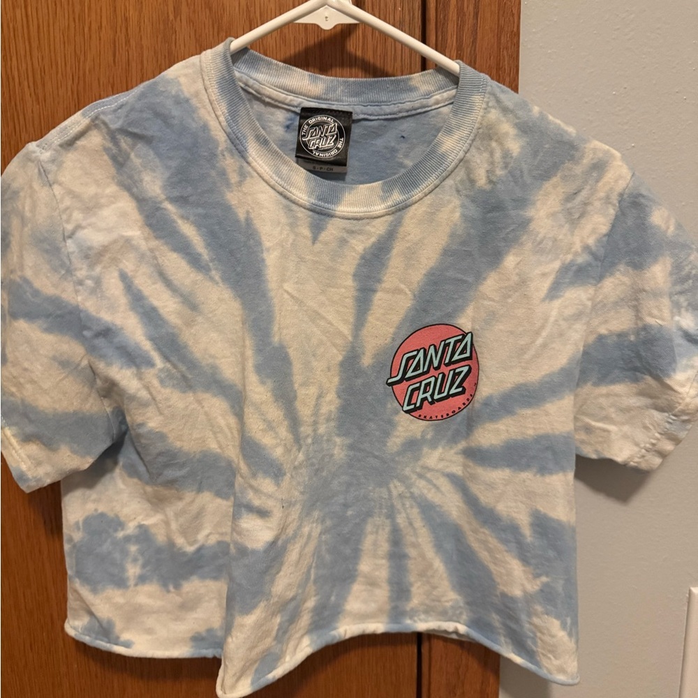 Santa Cruz Skateboards short sleeve cutoff tee- SMALL blue/white tie dye w logo